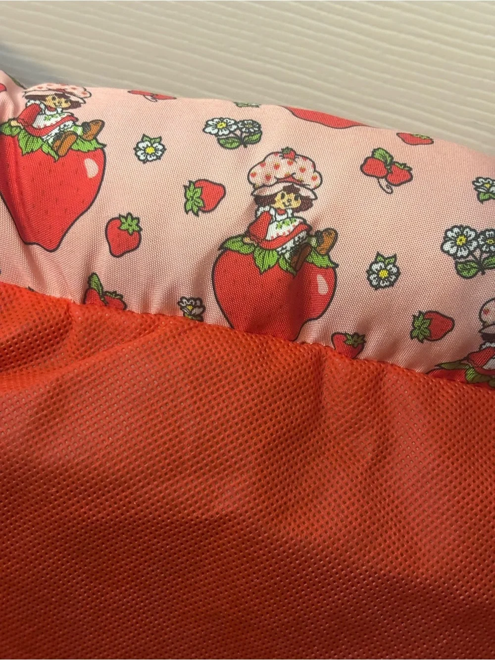 Plush Red Small Pet Bed with Strawberry-Patterned Border